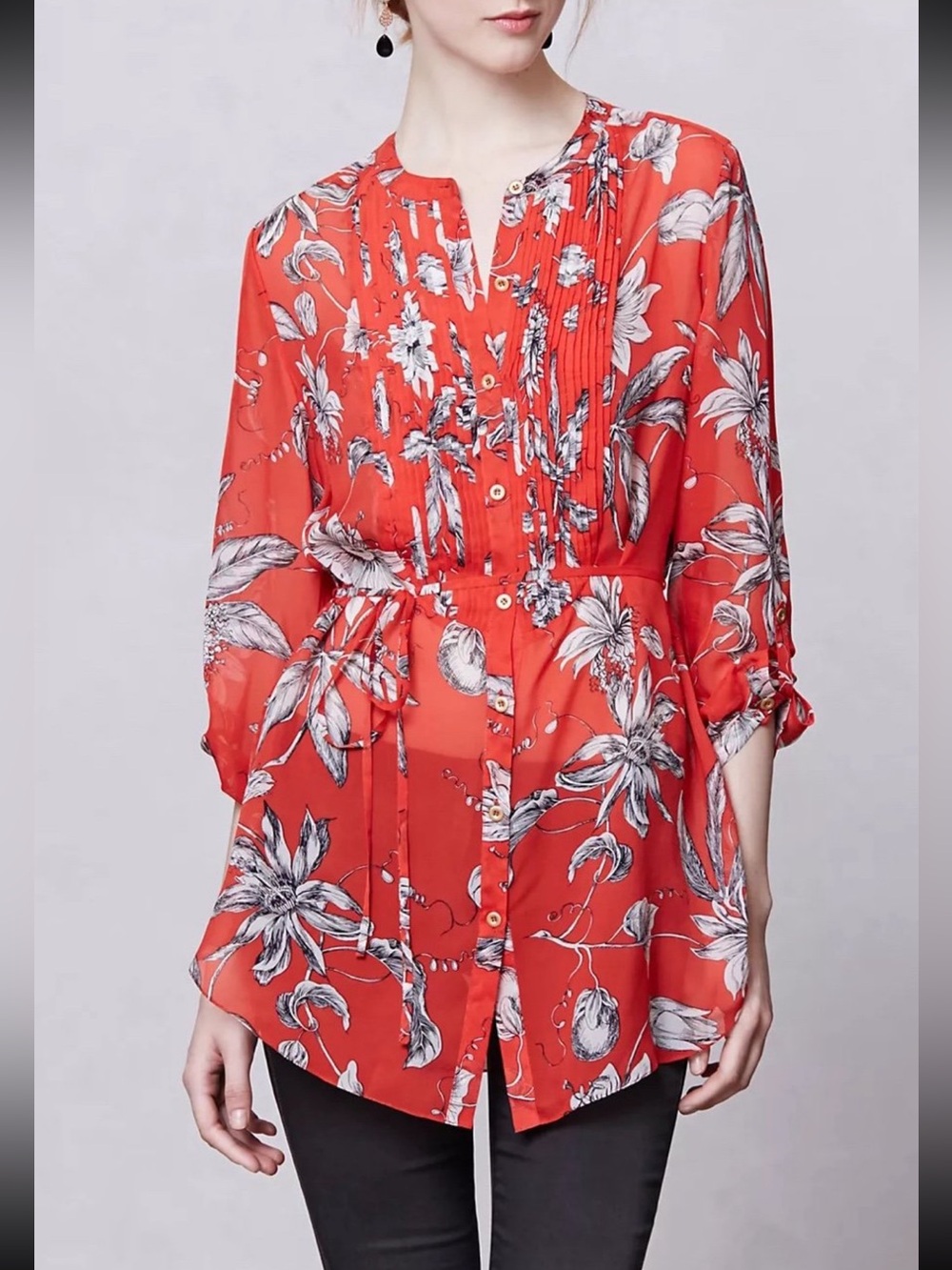 100% Silk Anthropologie Leifsdottir Blouse Size 0 Red Floral Sheer